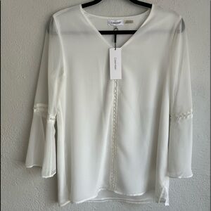 Calvin Klein Woman White Pearl V-Neck Blouse, Size XS MSRP $79